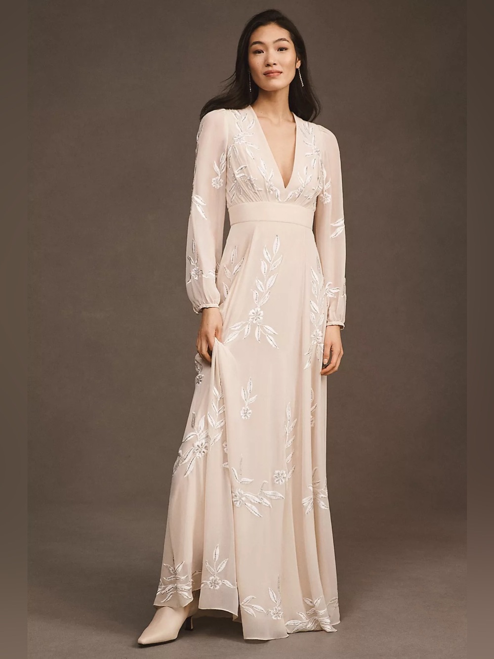 BHLDN Belize Embroidered A-Line Long-Sleeve V-Neck Gown